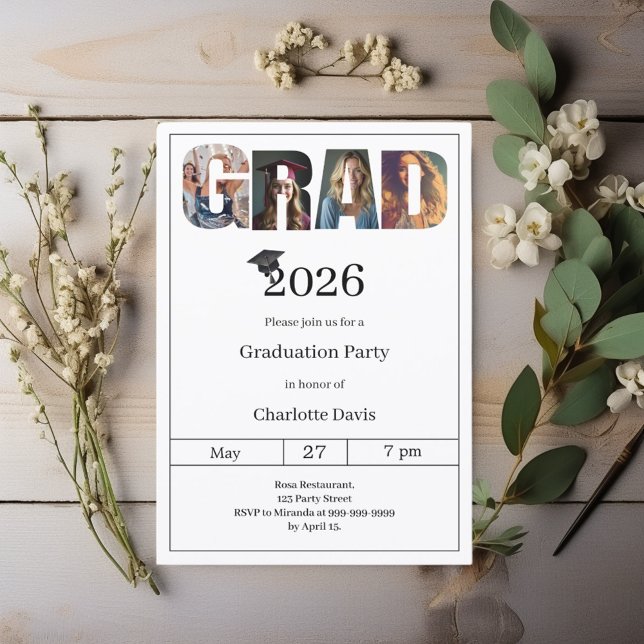 Invitation Graduation party black white grad photo (Créateur téléchargé)