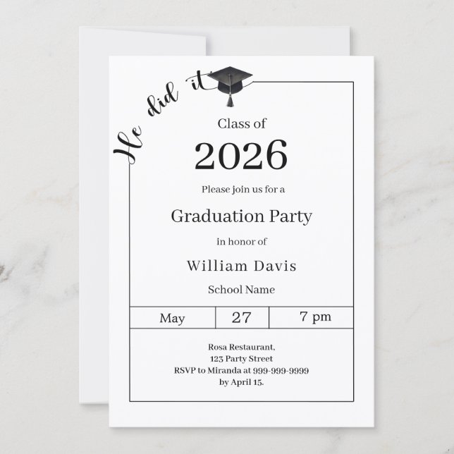 Invitation Graduation party black white He did it (Devant)