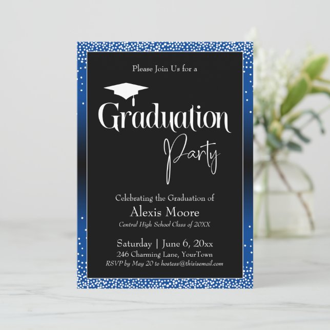 Invitation Graduation Party Blue Ombre Confetti (Debout devant)
