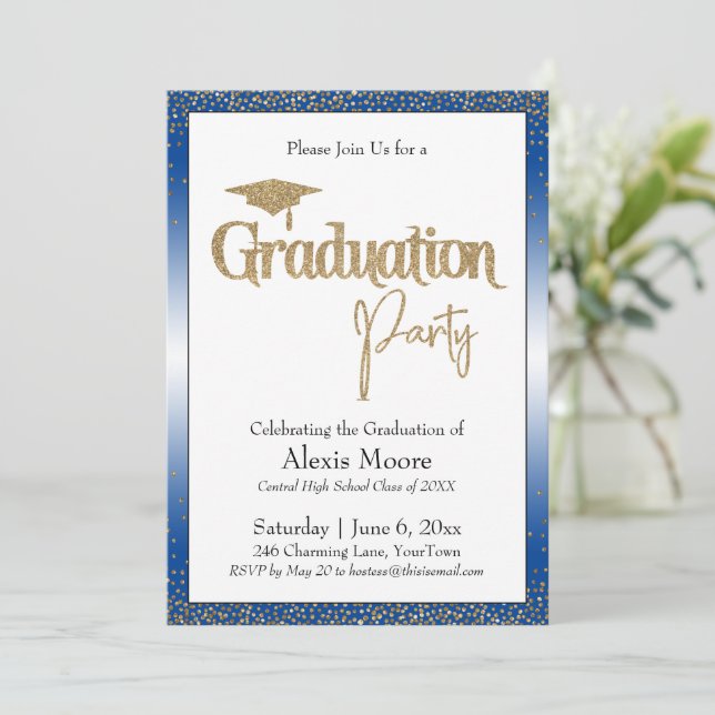 Invitation Graduation Party Blue Ombre Gold Confetti (Debout devant)