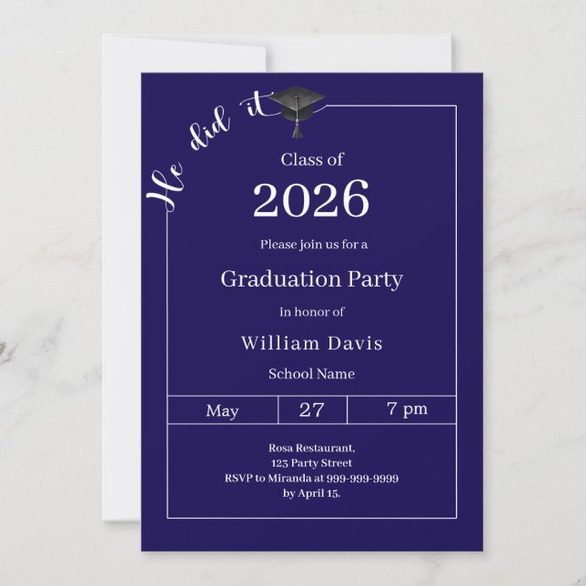 Invitation Graduation party blue white He did it (Devant)