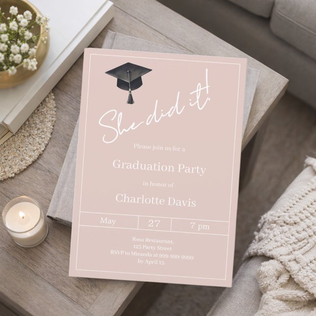 Invitation Graduation party blush pink neutral She did it (Créateur téléchargé)