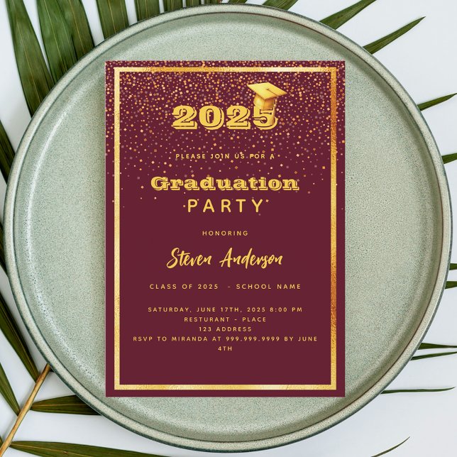 Invitation Graduation Party Bourgogne or 2025 (Créateur téléchargé)