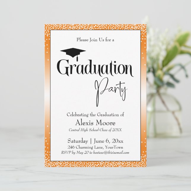 Invitation Graduation Party Bright Orange Ombre Confetti (Debout devant)