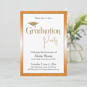 Invitation Graduation Party Bright Orange Ombre Gold Confetti