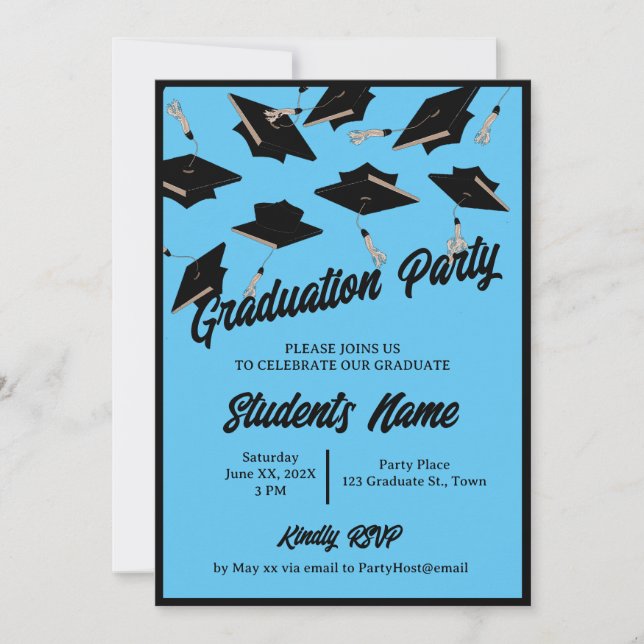 Invitation Graduation Party Casquettes noirs dans l'air bleu  (Devant)