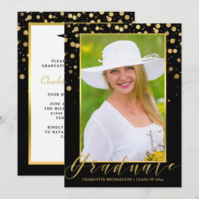 Invitation Graduation Party Elegant Black Photo Gold Confetti (Devant / Derrière)
