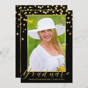 Invitation Graduation Party Elegant Black Photo Gold Confetti