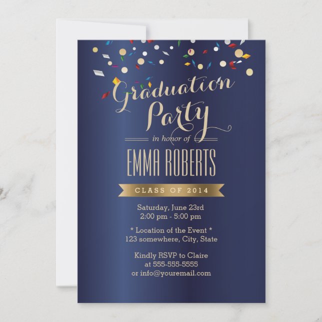 Invitation Graduation Party Elégant Marine Blue Confetti (Devant)