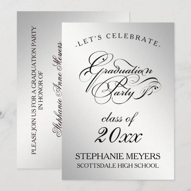 Invitation Graduation Party Elégant Silver Graduate Script (Devant / Derrière)