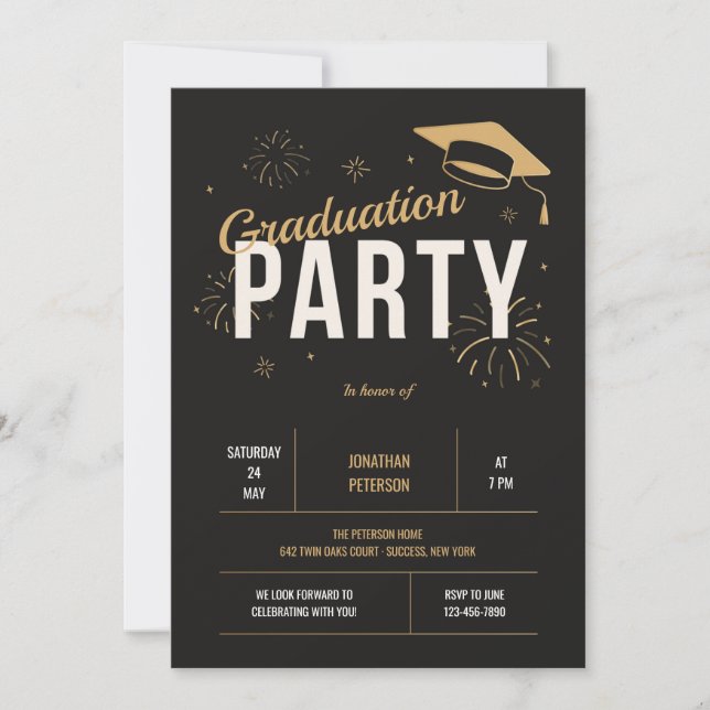 Invitation Graduation Party en or et noir (Devant)