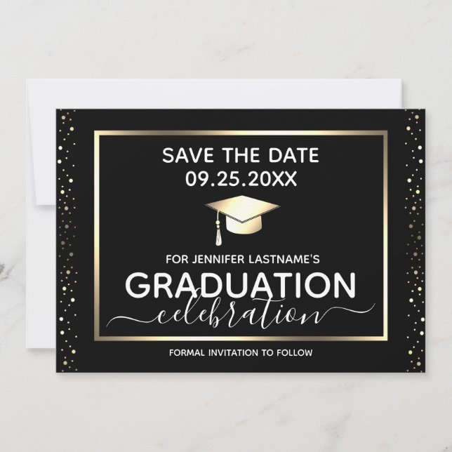 Invitation Graduation Party Enregistrer la date Noir et or (Devant)