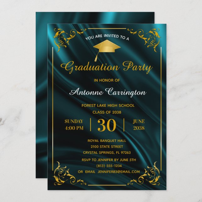 Invitation Graduation Party Étincelle Turquoise Satin Flouris (Devant / Derrière)
