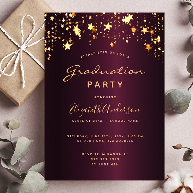 Invitation Graduation party étoile d'or bordeaux 2025 (Créateur téléchargé)