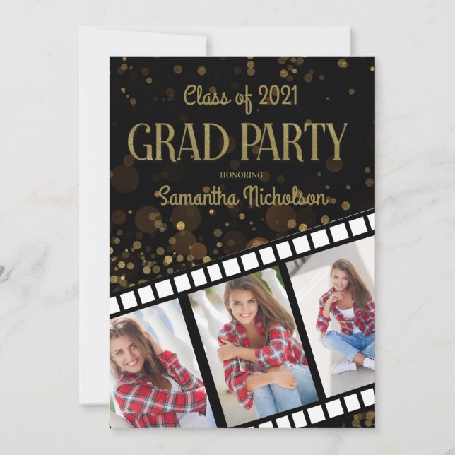 Invitation Graduation Party Filmstrip Black Gold 3 Photos (Devant)