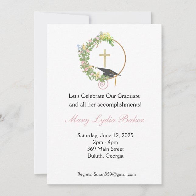 Invitation Graduation Party Floral Cross Design, Grad casquet (Devant)