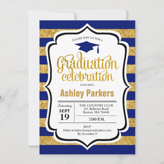 Invitation Graduation Party - Gold Navy Blue Stripes (Devant)