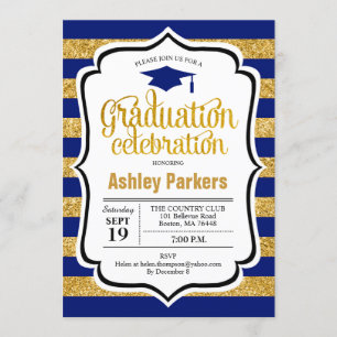 Invitation Graduation Party - Gold Navy Blue Stripes