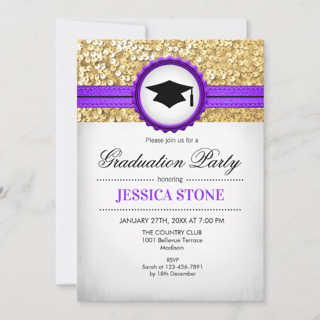 Invitation Graduation Party - Gold Purple White (Devant)