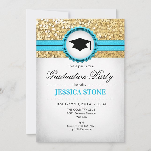 Invitation Graduation Party - Gold Turquoise Blanc (Devant)