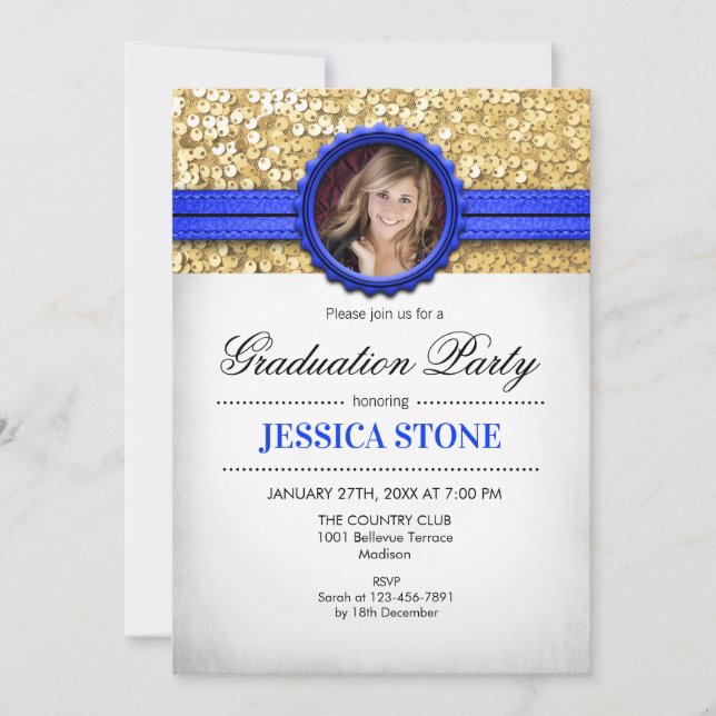 Invitation Graduation Party - Gold White Royal Blue - Photo (Devant)