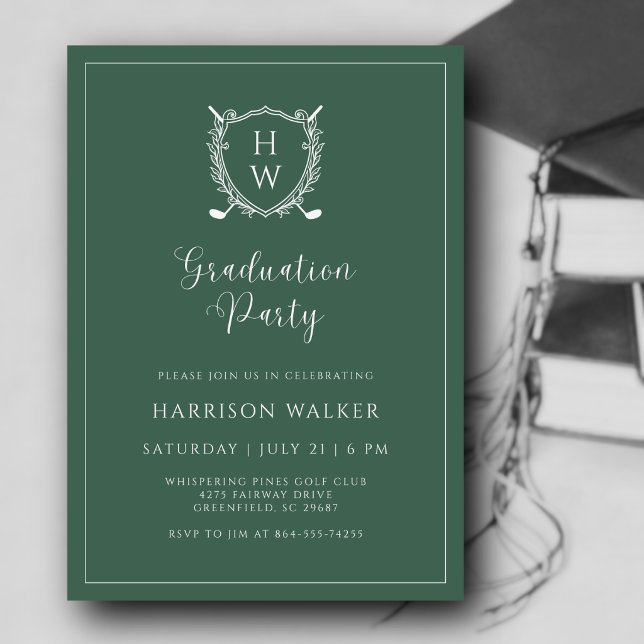 Invitation Graduation Party Golf Crest Elegant Script Sage (A polished look for a milestone worth celebrating. Custom monogram makes it uniquely theirs.)