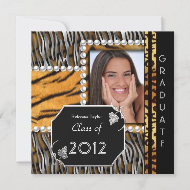 Invitation Graduation Party Grad Black Silver Leopard Zebra (Devant)