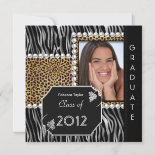 Invitation Graduation Party Grad noir blanc Leopard Zebra