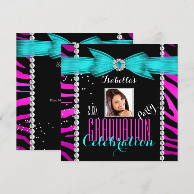 Invitation Graduation Party Grad rose Turquoise bleu Zèbre ph (Devant / Derrière)