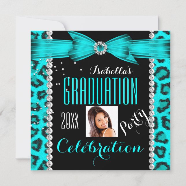 Invitation Graduation Party Grad Turquoise Blue Leopard Photo (Devant)