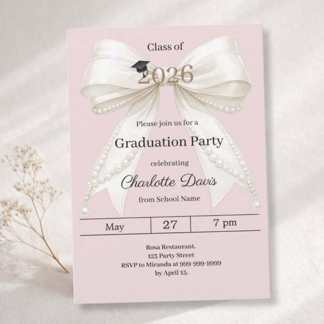 Invitation Graduation party ivory bow pink class of 2026 (Créateur téléchargé)