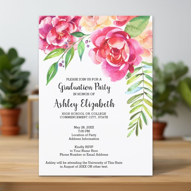 Invitation Graduation Party Moderne Aquarelle Florale (Custom Graduation Announcement and Invitation)