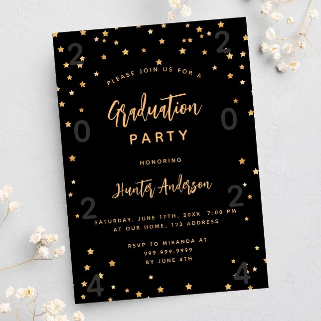 Invitation Graduation party or noir étoiles année luxe (Créateur téléchargé)