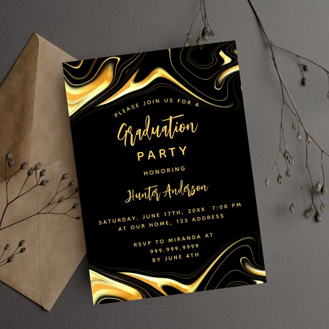 Invitation Graduation party or noir luxe moderne (Créateur téléchargé)