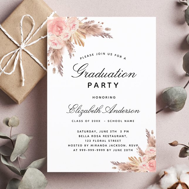 Invitation Graduation party pampas herbe rose or blush 2023 (Créateur téléchargé)