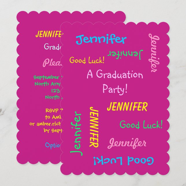 Invitation Graduation Party, Personnalisé Hot Pink Deux Côtés (Devant / Derrière)