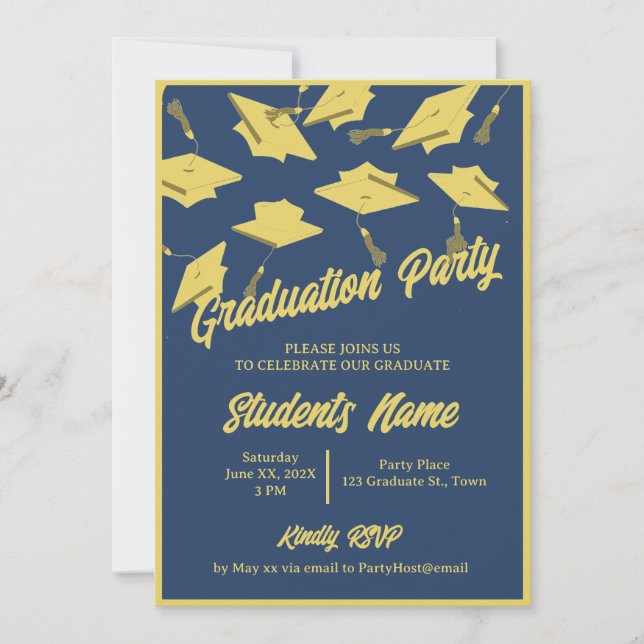 Invitation Graduation Party Photo Blue et Gold Mortarboards (Devant)