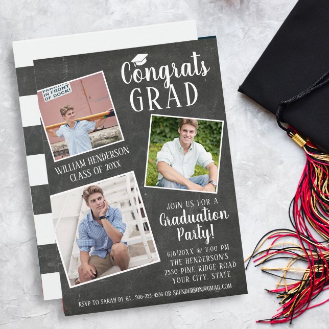Invitation Graduation Party Photo Collage Chalkboard Stripes (Créateur téléchargé)