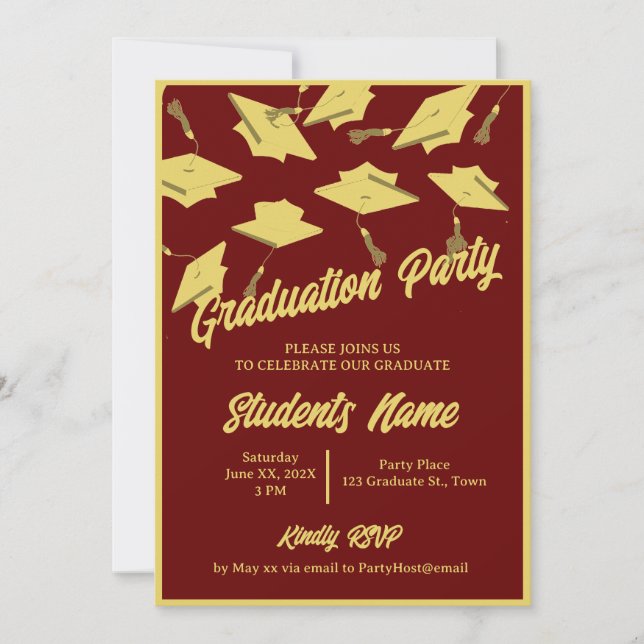Invitation Graduation Party Photo Maron et Gold Mortarboard (Devant)