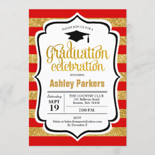 Invitation Graduation Party - Red Gold Stripes