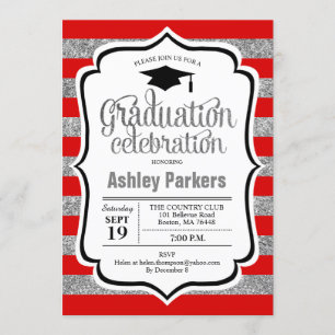 Invitation Graduation Party - Red Silver Stripes