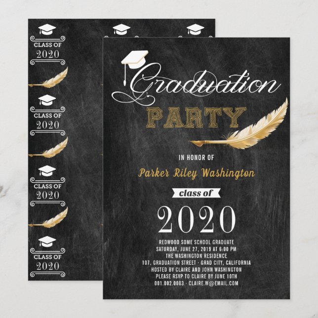 Invitation Graduation Party Retro Chalkboard noir blanc or (Devant / Derrière)