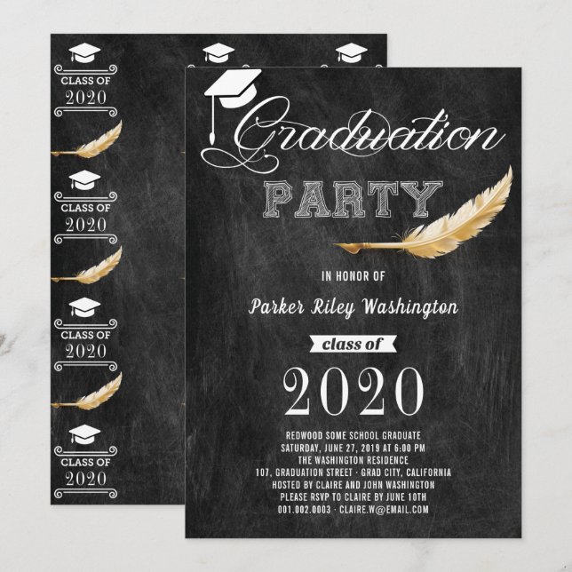 Invitation Graduation Party Retro Chalkboard noir blanc or (Devant / Derrière)