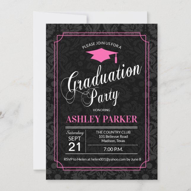 Invitation Graduation Party - Rose Noir Blanc Damas (Devant)