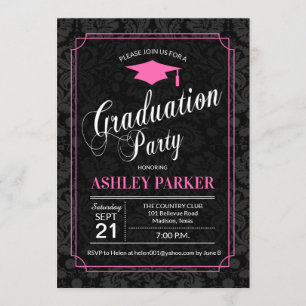 Invitation Graduation Party - Rose Noir Blanc Damas