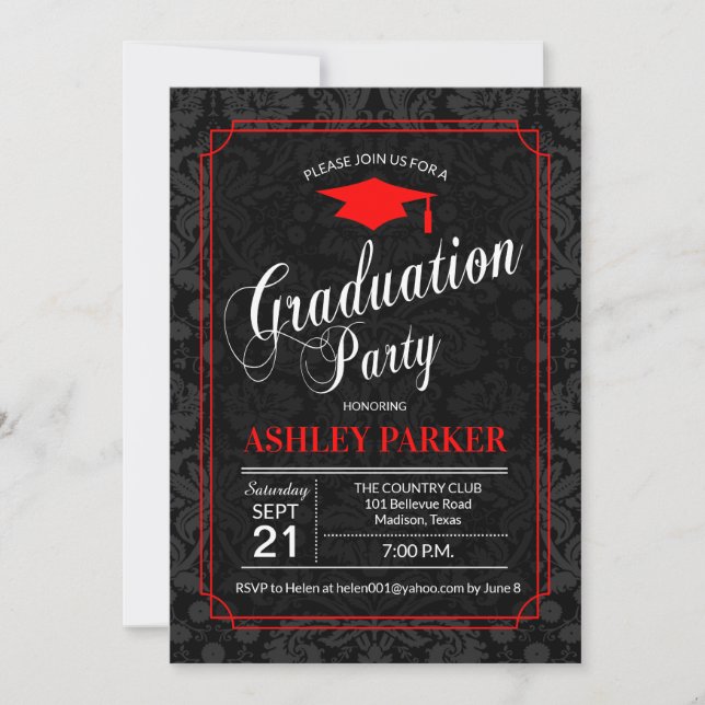 Invitation Graduation Party - Rouge Noir Blanc Damas (Devant)