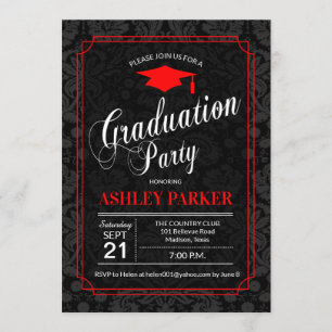 Invitation Graduation Party - Rouge Noir Blanc Damas
