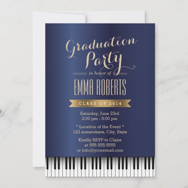 Invitation Graduation Party Royal Blue Piano Keys Musique maj (Devant)