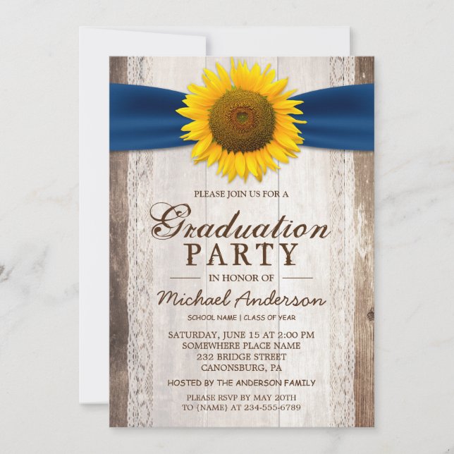 Invitation Graduation Party Rustic Grange Wood Sunflower Ribb (Devant)