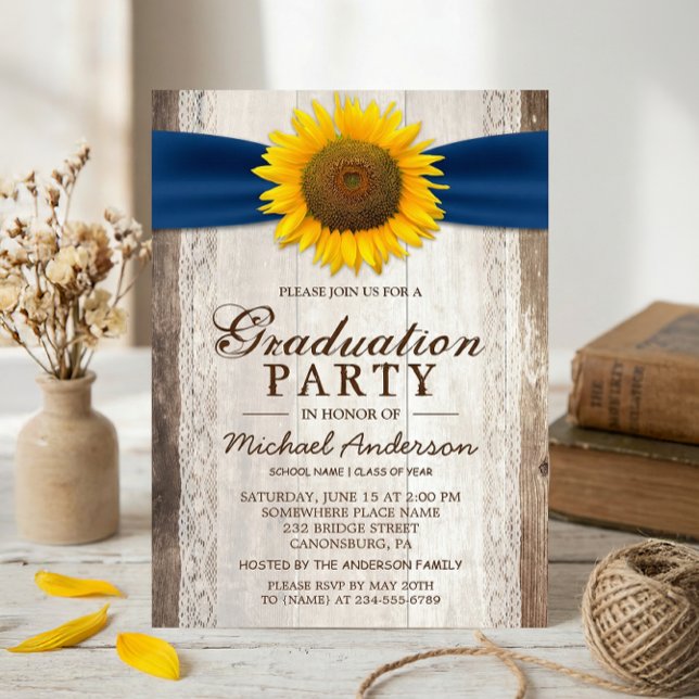 Invitation Graduation Party Rustic Grange Wood Sunflower Ribb (Créateur téléchargé)